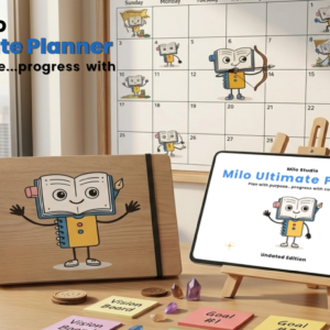 Milo Studio Ultimate Planner Hero Image mockup displaying an iPad on a wooden stand, a ‎hardcover notebook planner, and an undated digital calendar spread featuring a cute ‎cartoon book character theme‏.‏