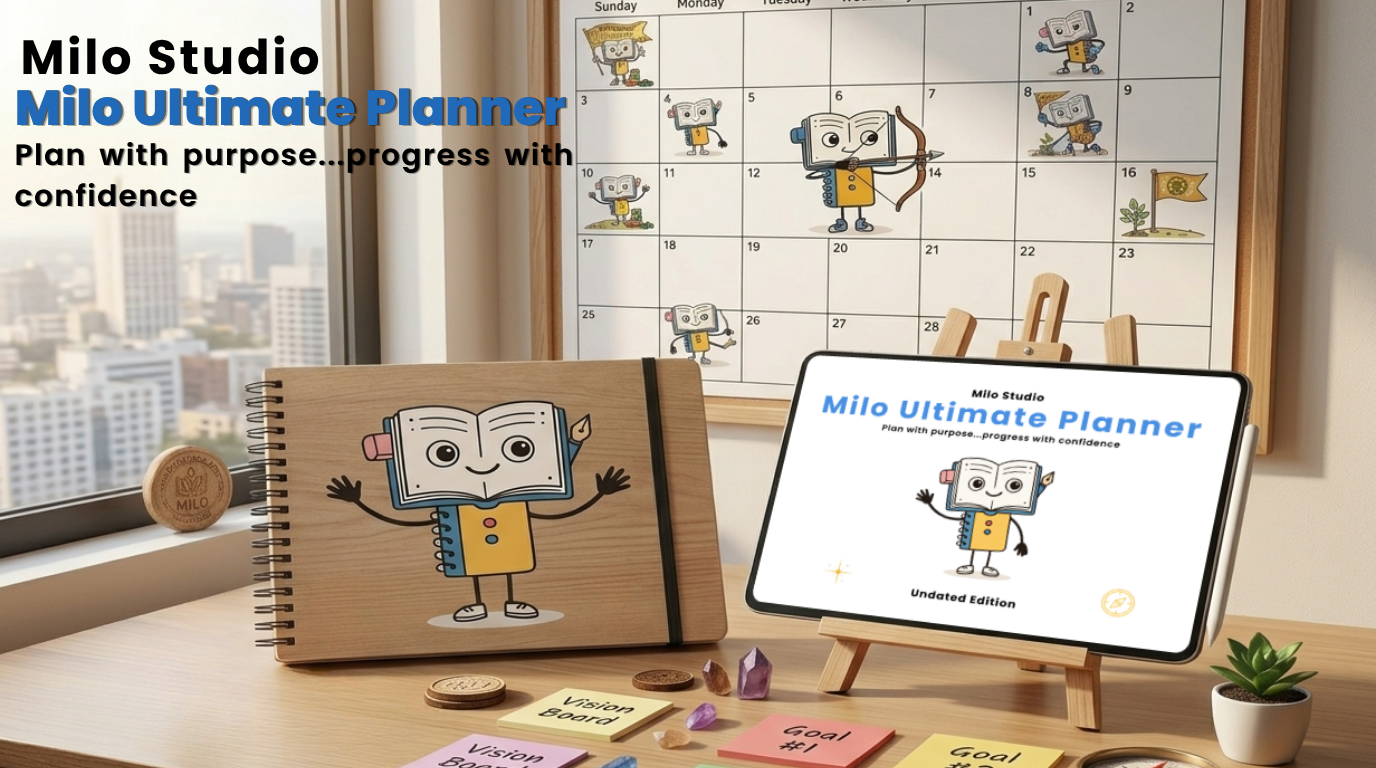 Main Hero Banner (Milo Ultimate Planner) Milo Studio Ultimate Planner Hero Image mockup displaying an iPad on a wooden stand, a hardcover notebook planner, and an undated digital calendar spread featuring a cute cartoon book character theme.