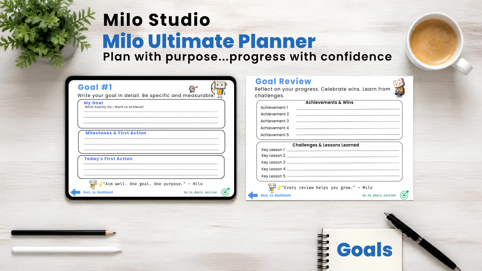 Goal Setting & Review Framework Milo Ultimate Planner Goal Review mockup page on iPad and digital sheet showing layout for milestones, actions, achievements, wins, and challenges learned.