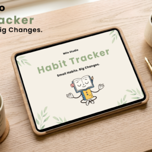 Milo Studio Habit Tracker cover mockup showing an iPad on a wooden desk displaying a ‎minimalist green aesthetic layout with a cute meditating book character and a cup of green ‎tea‏.‏