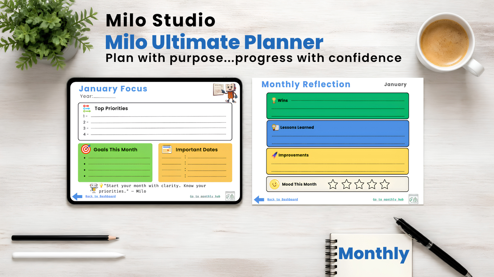 Monthly Focus & Reflection Framework Milo Ultimate Planner monthly focus and reflection layout mockup showing top priorities, goals, wins, improvements, and a 5-star mood tracker rating.