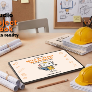 Milo Studio Project Workbook main hero mockup showcasing an iPad on ‎a wooden desk displaying an orange aesthetic cover page surrounded ‎by yellow hard hats, pencils, and rolled blueprint maps‏.‏
