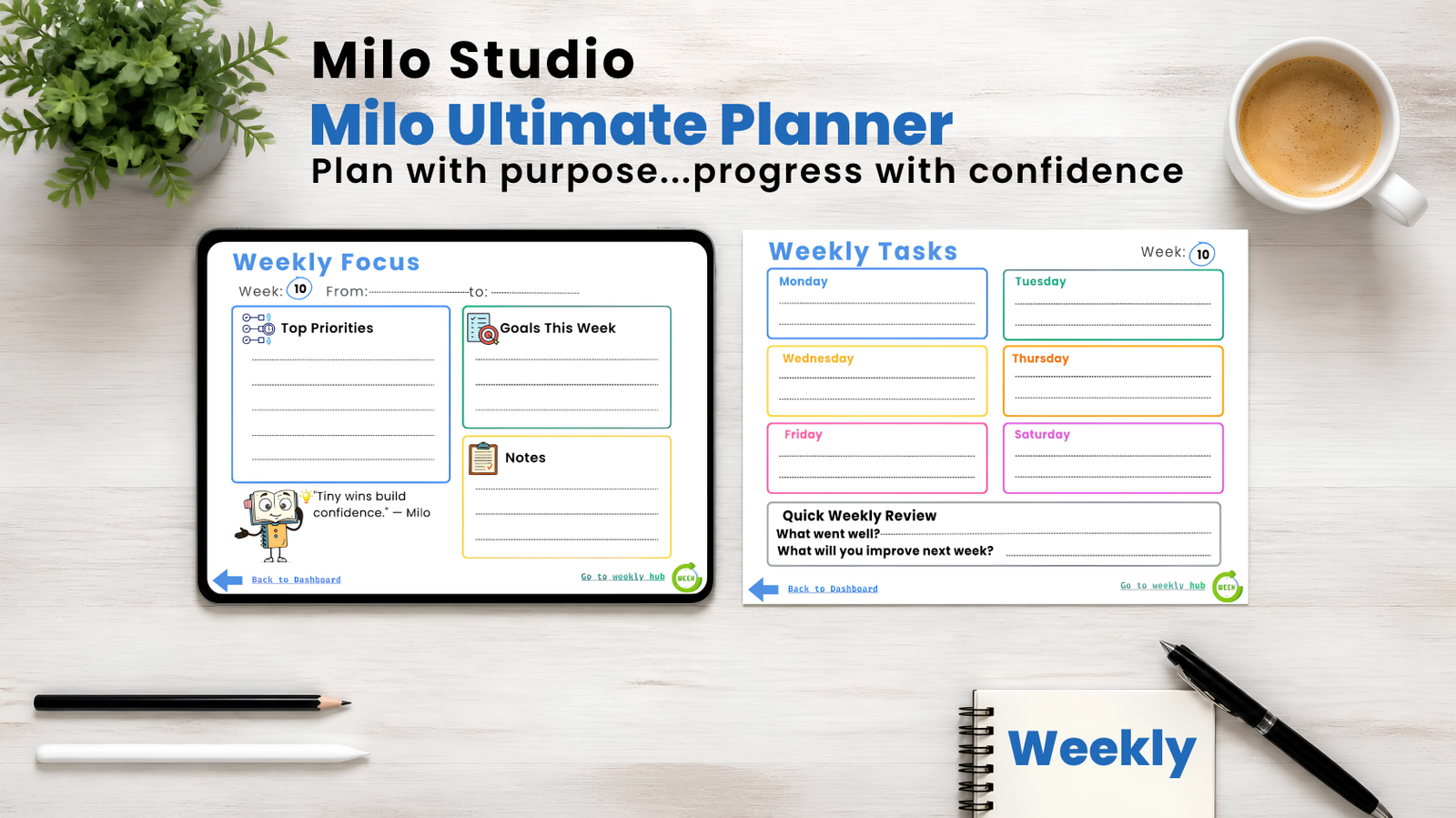 Weekly Focus & Tasks Framework Milo Ultimate Planner weekly focus and tasks mockup display on tablet showing weekly priorities, daily schedule from Monday to Saturday, and a quick weekly review section.