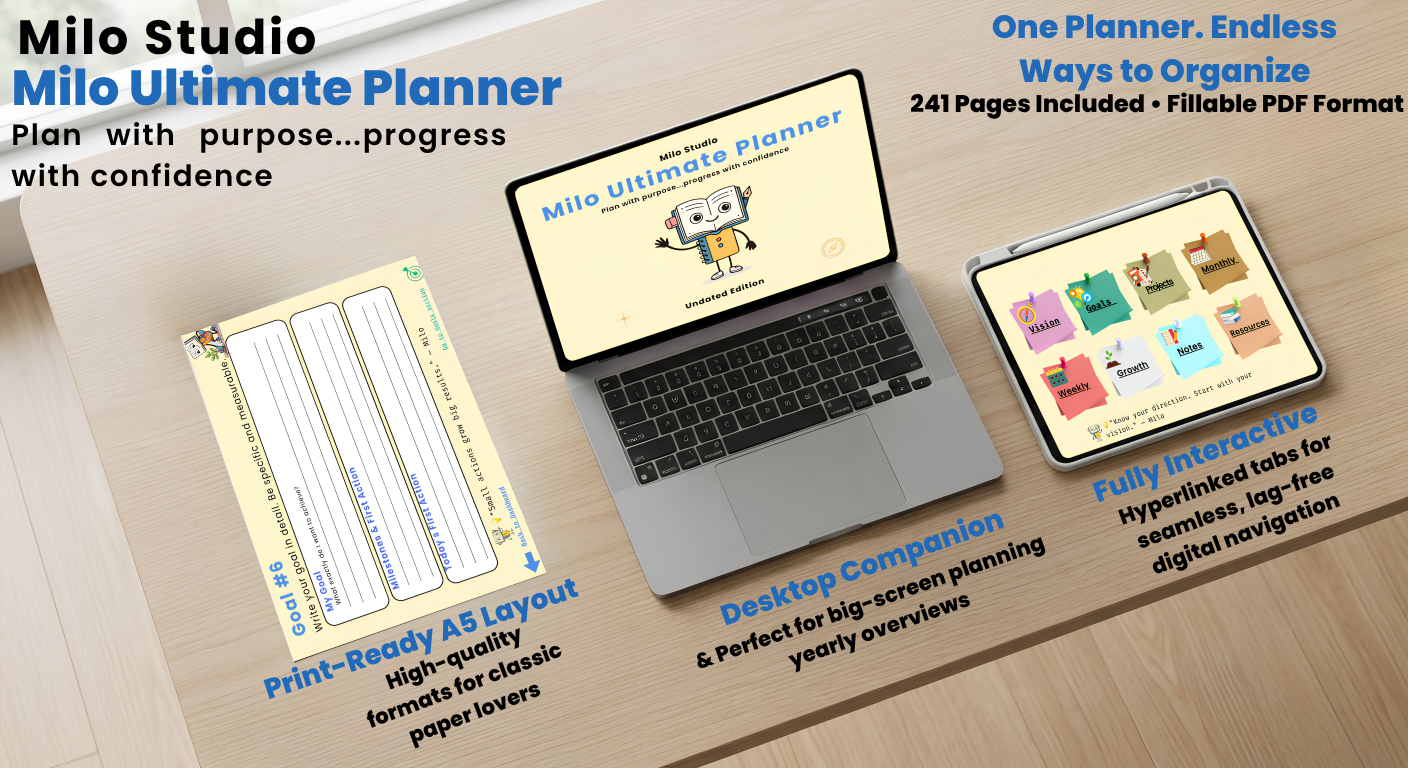 Multi-Device Compatibility & Features Milo Ultimate Planner feature presentation showing a laptop displaying the dashboard, an iPad showing hyperlinked navigation tabs, and a print-ready A5 layout sheet on a wooden desk.