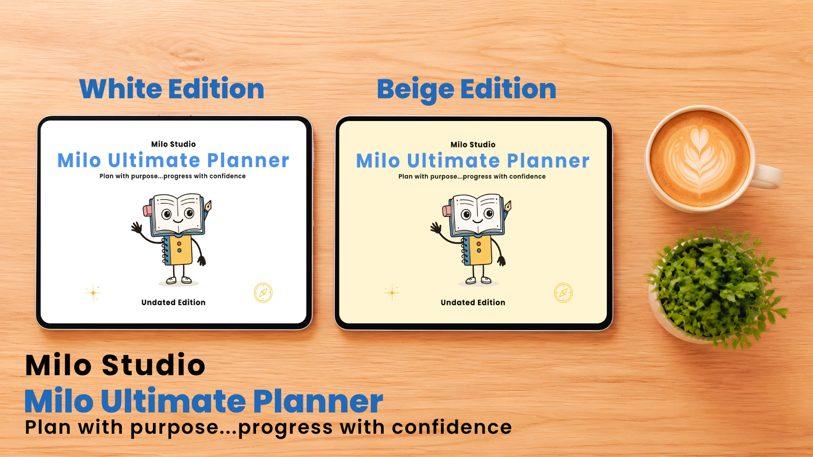 Color Editions Showcase (White & Beige) Milo Ultimate Planner product variation comparison showing two iPads on a wooden desk displaying the White Edition and Beige Edition covers side by side.