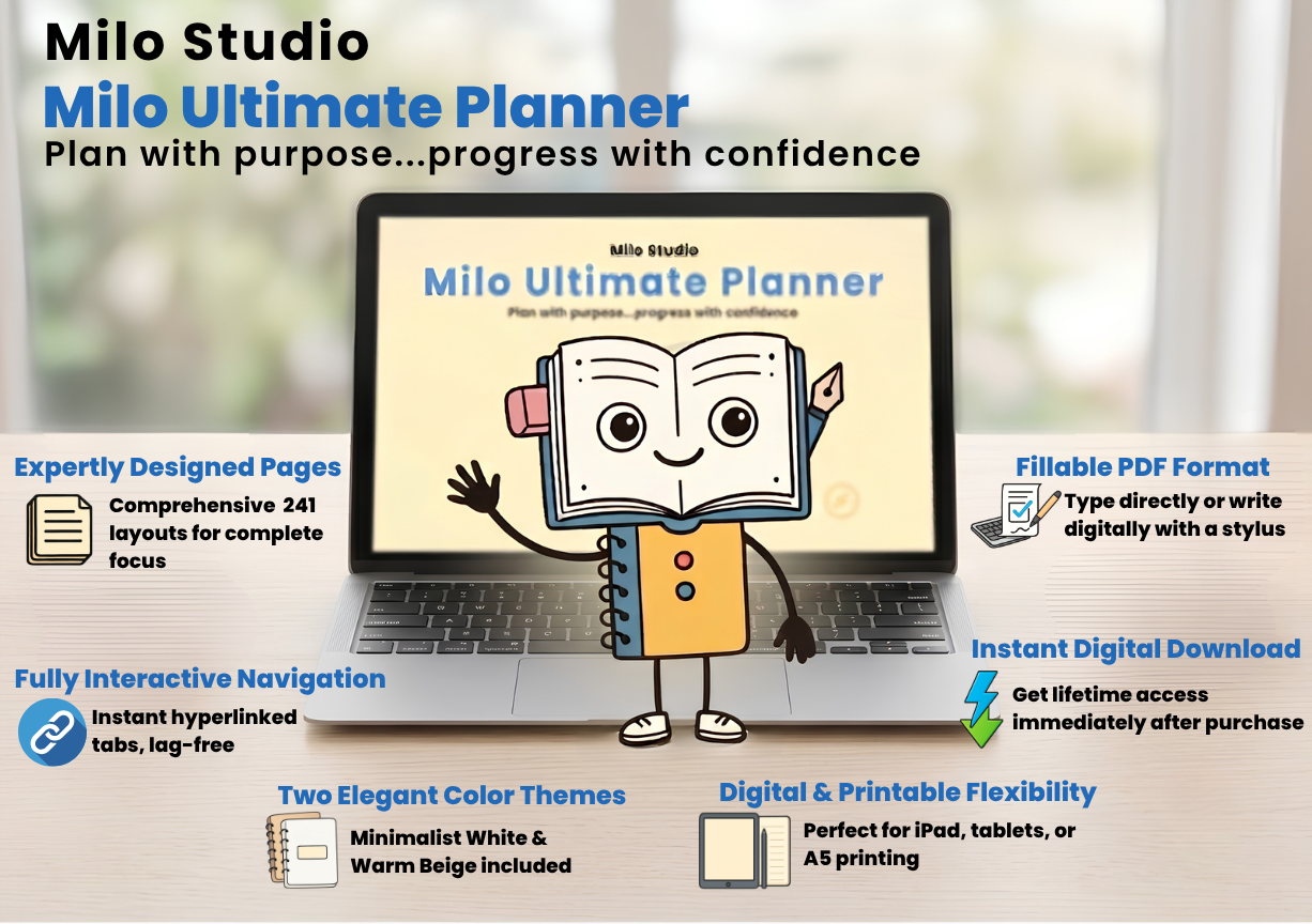 Core Product Features & Benefits Milo Ultimate Planner comprehensive features summary mockup showing a laptop displaying the product cover, surrounded by feature tags like fillable PDF format, instant download, interactive hyperlinks, and elegant color themes.